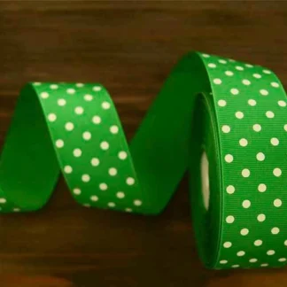 Лента репсовая зеленая в белый горох 1 см
