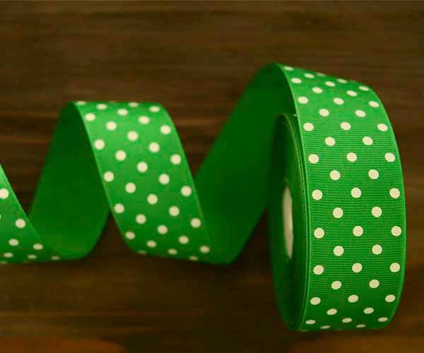 Лента репсовая зеленая в белый горох 1 см