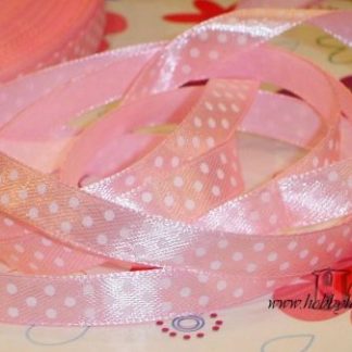 Стрічка атласна рожева з білими крапками 10мм арт 0437