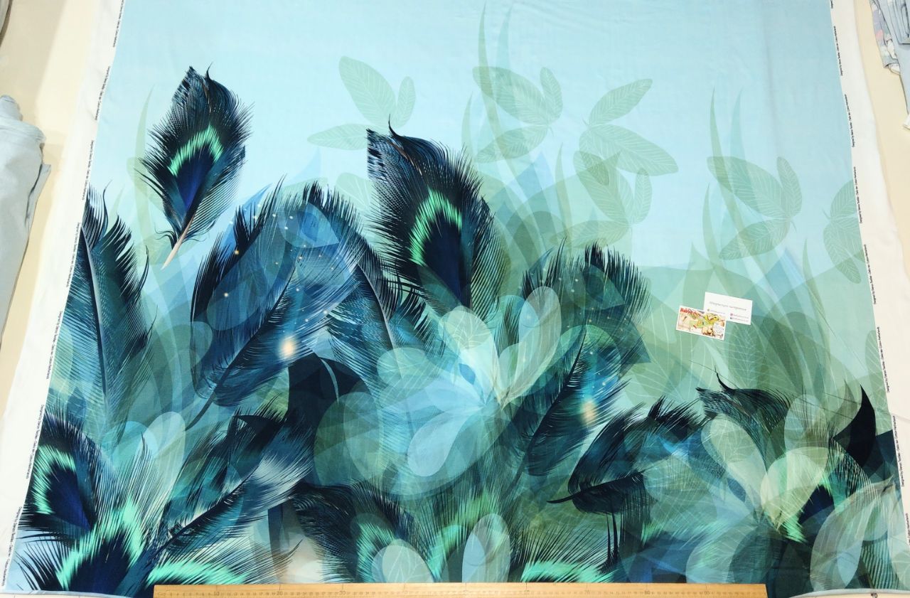 Стрейч-кулір "Пір'я на блакитному", шир. 155, купон 154 см арт. 2144