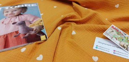 Муслін двошаровий серця на гірчиці  140 см арт. 3509