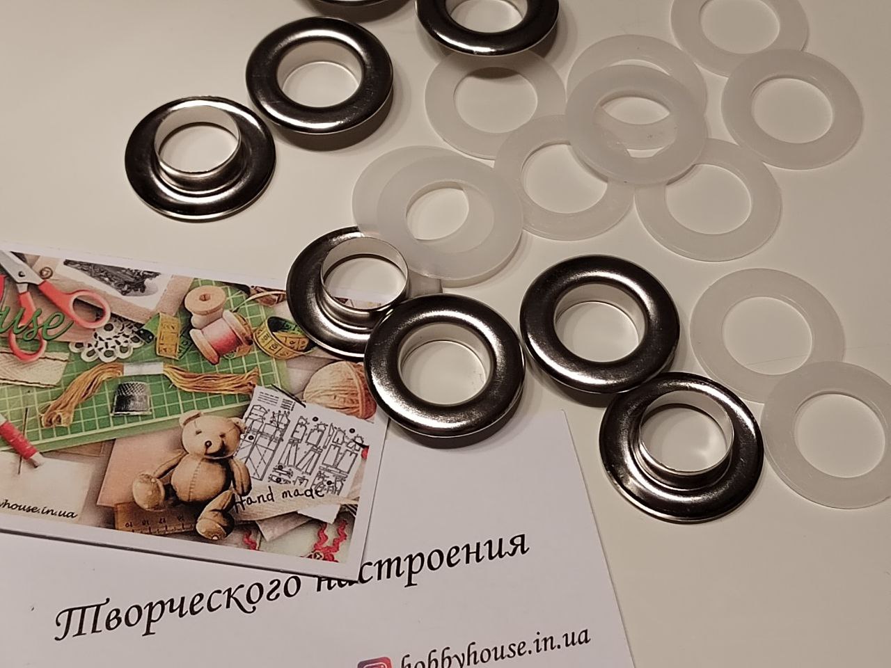 Люверс 14 мм Нержавіючий нікель + металеві і пластикові кільця(10 шт.) арт. 3766 - Зображення 2