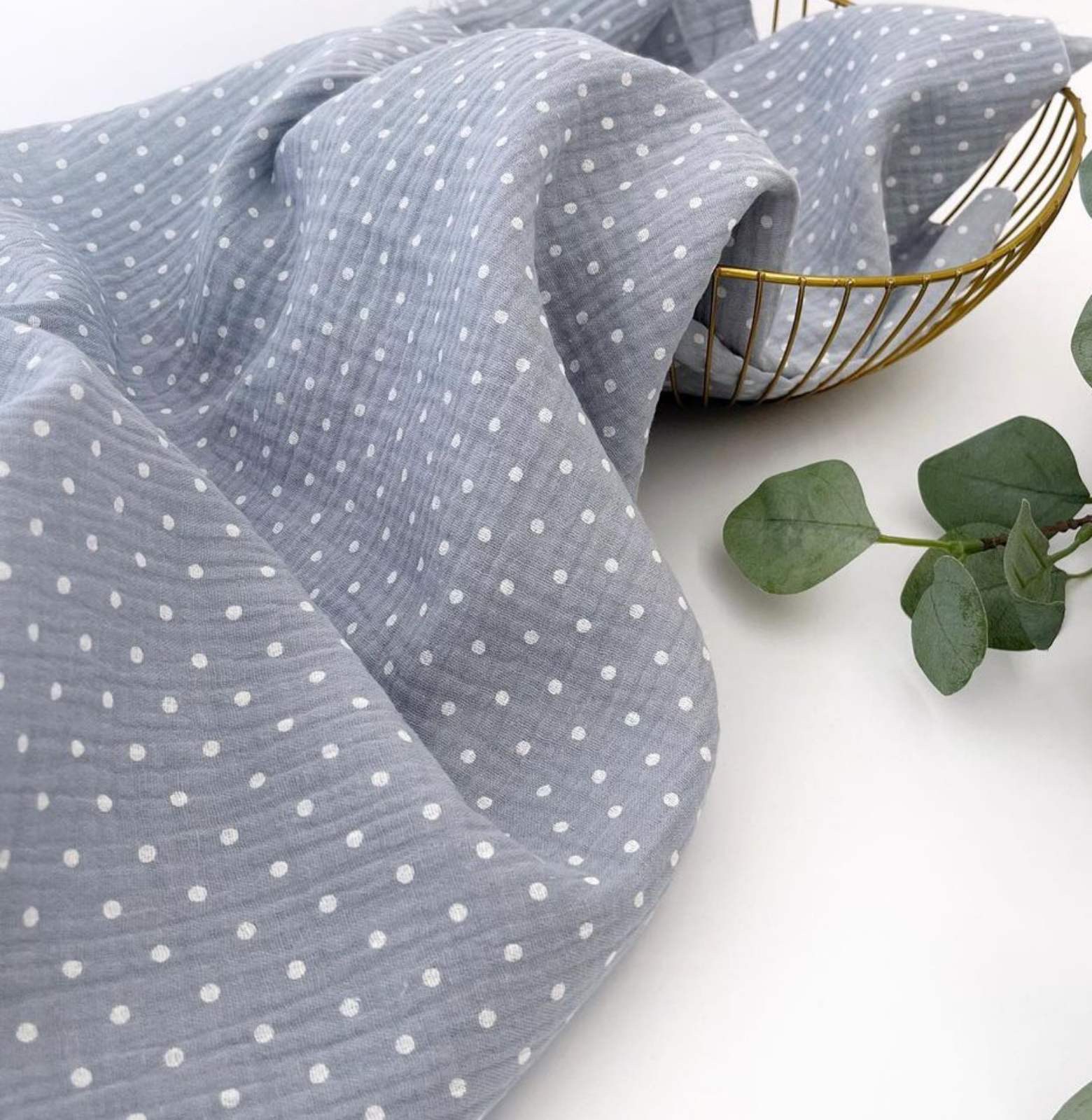 Муслін двошаровий білий горошек на джинсі  135 см арт. 3798